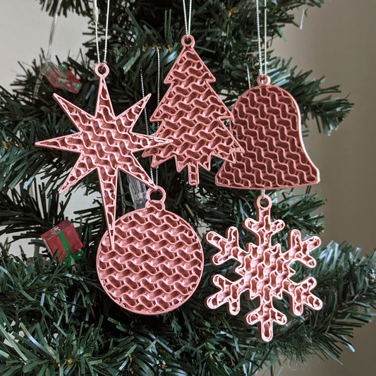 Elegant 3D Printed Ornament Set of 5 - Festive Holiday Decorations, Christmas Tree, Snowflake, Bell, Ball, Star